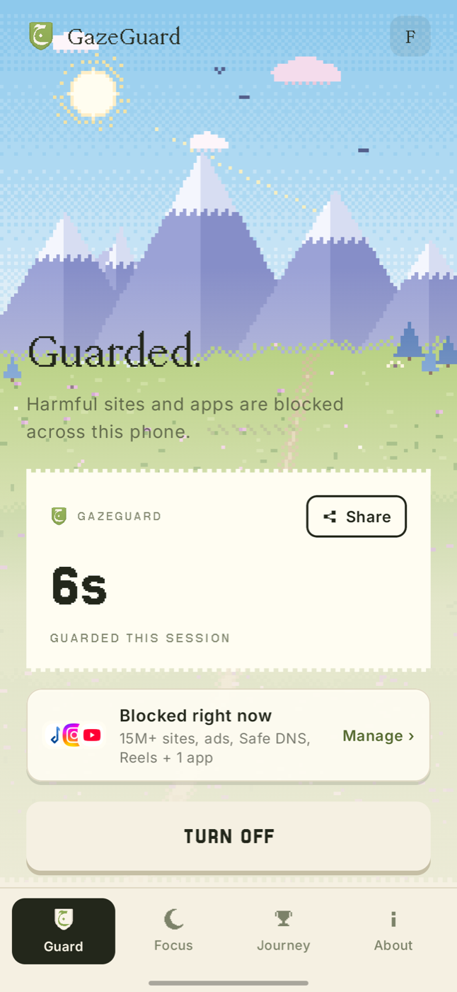 The GazeGuard home screen while protection is on, showing a bright pixel-art morning and the time guarded this session